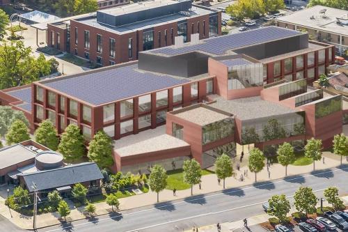 digital rendering of the future Collaborative Innovation Complex that is a large brick building