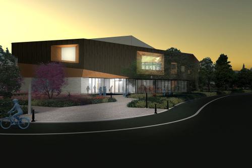 digital rendering of a large two story auditorium exterior
